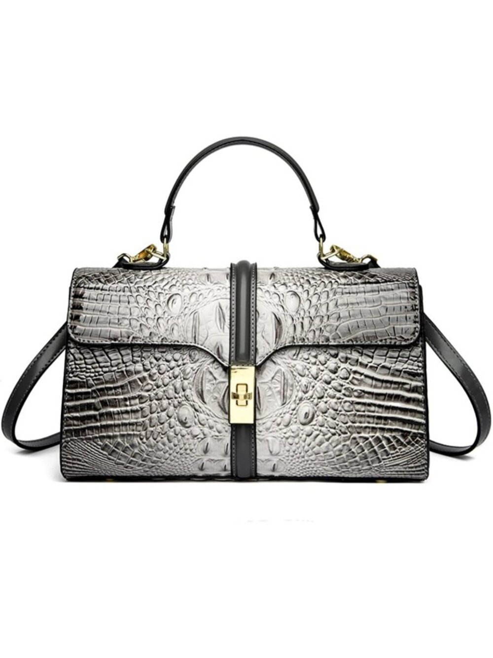 Women's Grey Black Patent Faux Leather Satchel Crocodile Zipper Shoulder Bag